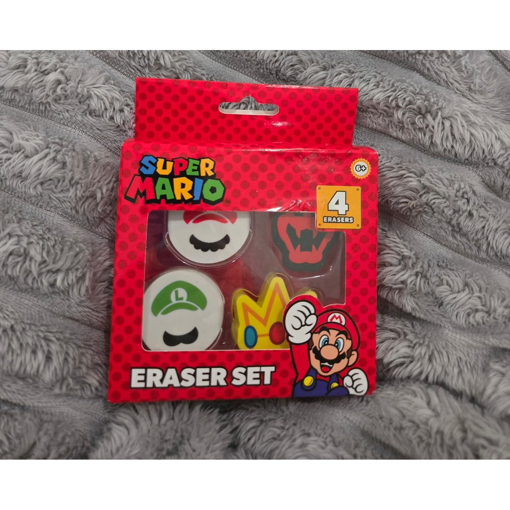 Nintendo Super Mario 4 Piece Eraser Set Mario Luigi Peach Bowser New 716531MB